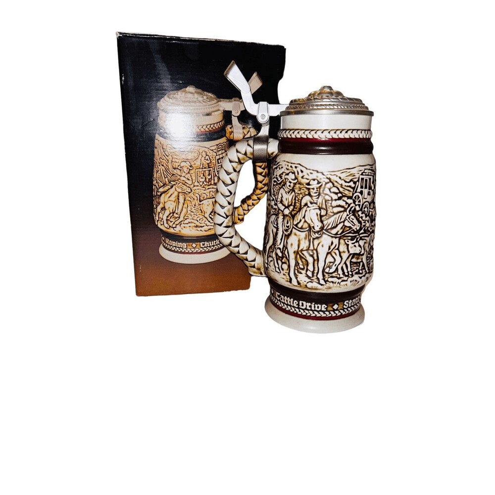 Avon Beer Stein Lidded Classic Cowboy Games Original box Brazil 9” Tall beige 1